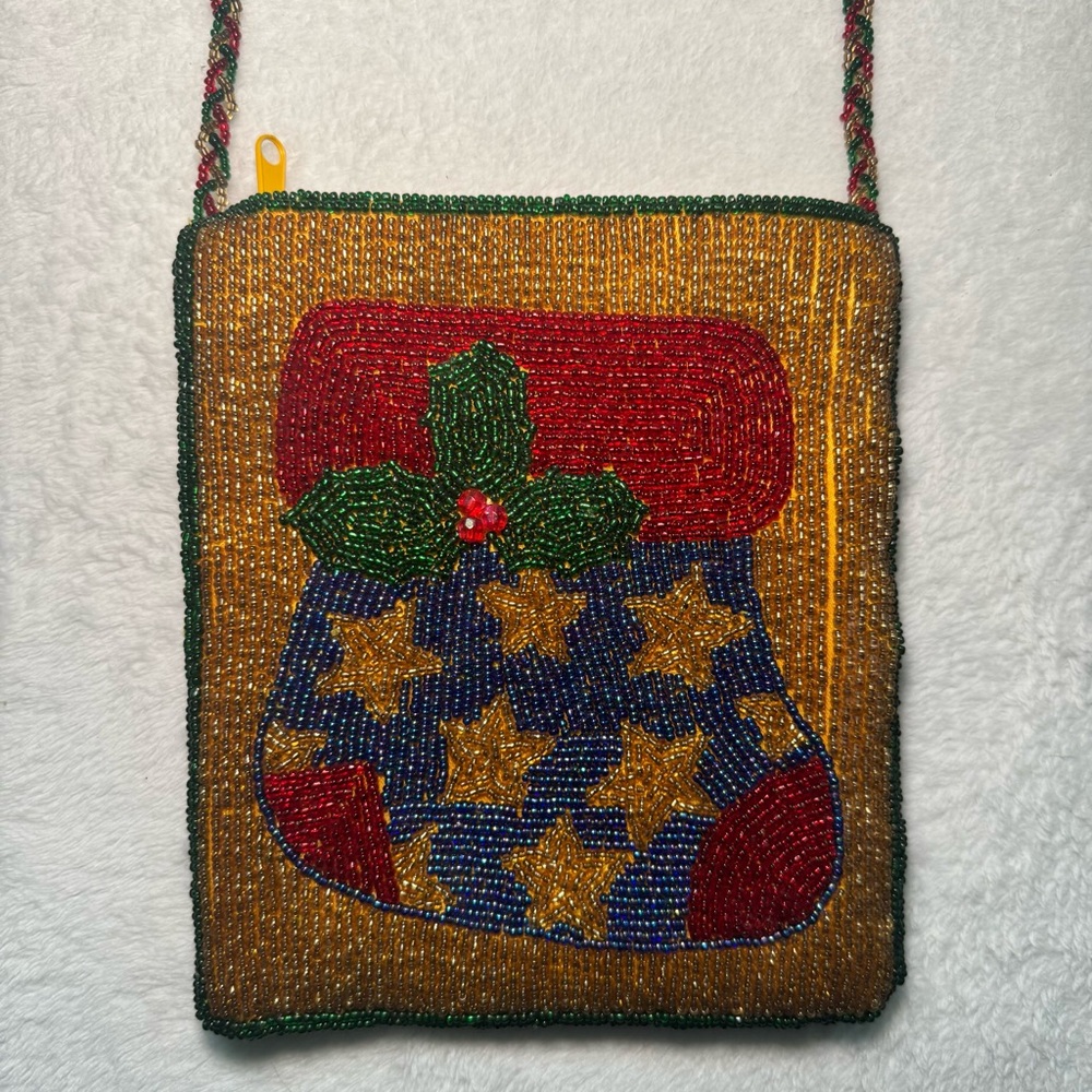 Vintage Festive Holiday Beaded Stocking Crossbody Bag